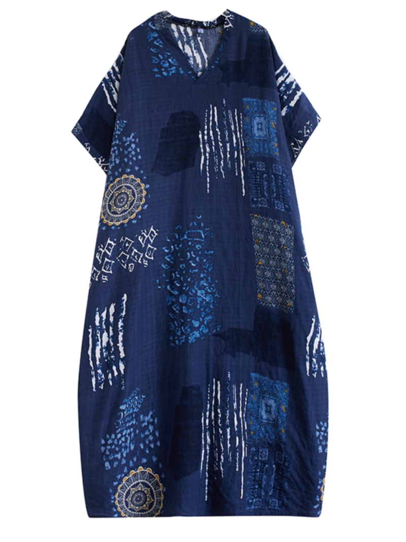 Blue V-Neck Batwing Sleeve Abstract Ethnic Print Loose Kaftan Maxi Dress 3