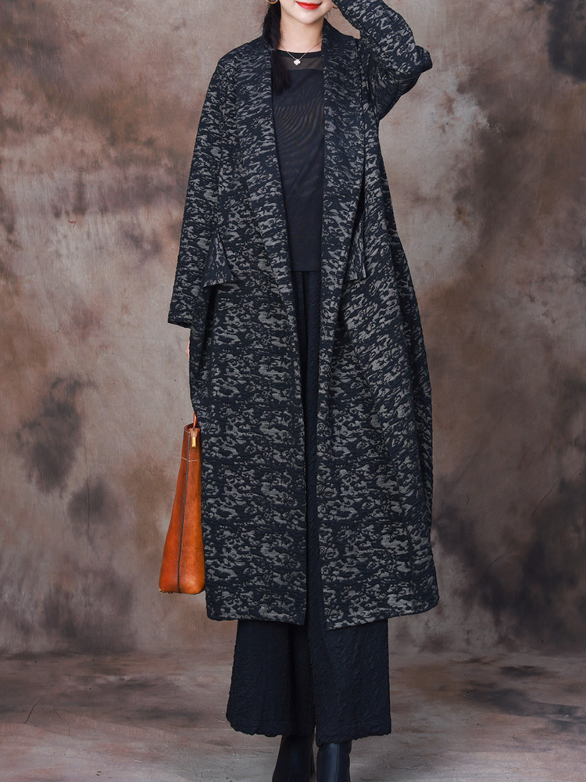 Lapel Collar Abstract Print Open Front Long Line Jacket 5