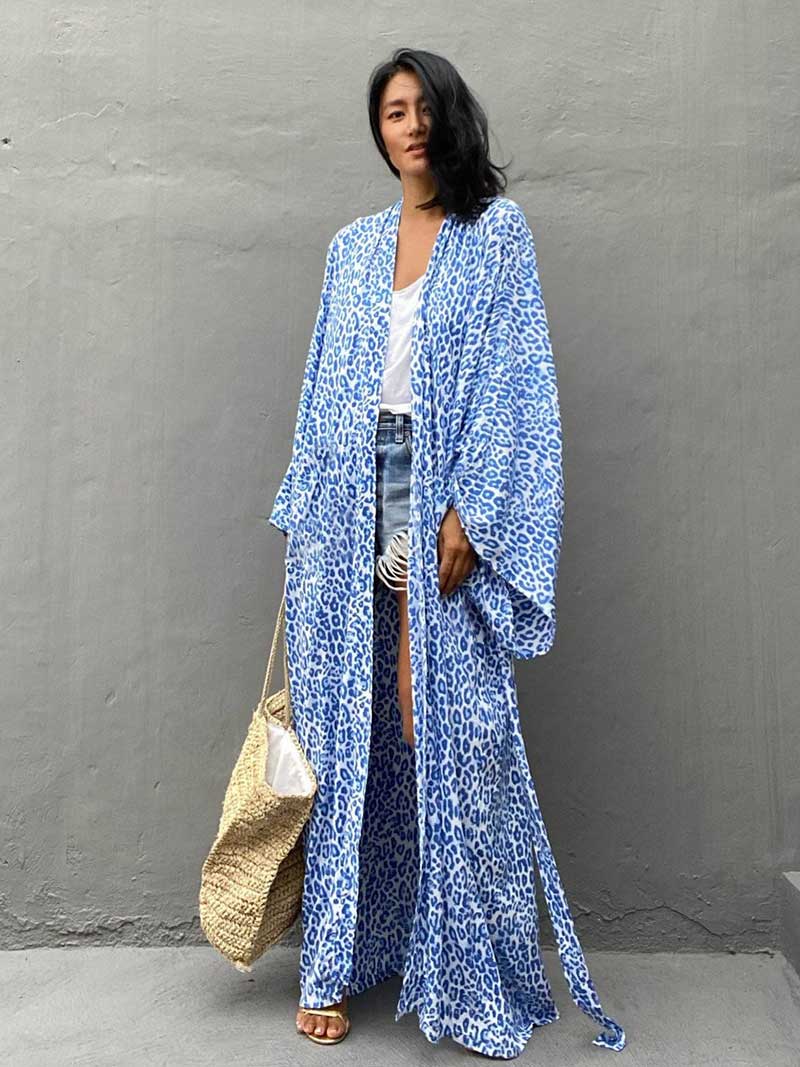 Open Front Abstract Print Belted Long Kimono Robe 5