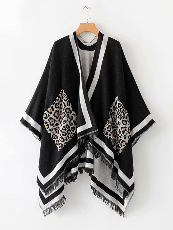 Leopard Pocket Fringe Trim Open Front Shawl Cape 10