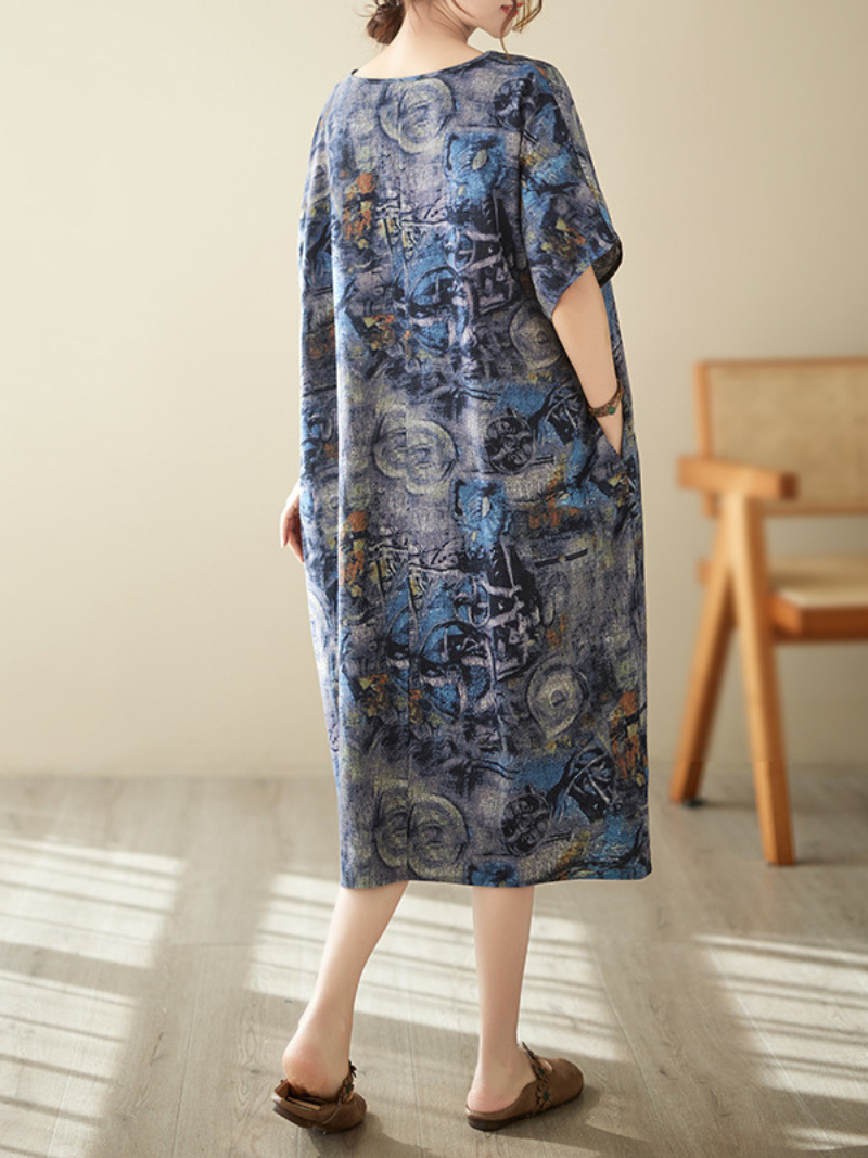 Multi Color V-Neck Short Sleeve Abstract Print Loose Midi Dress 2
