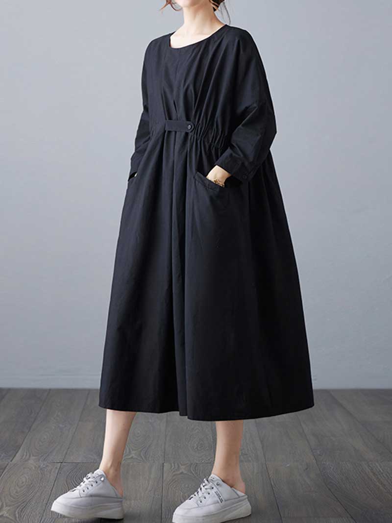 Round Neck Half Sleeve Cinched Waist Pocket Cotton Midi Dress