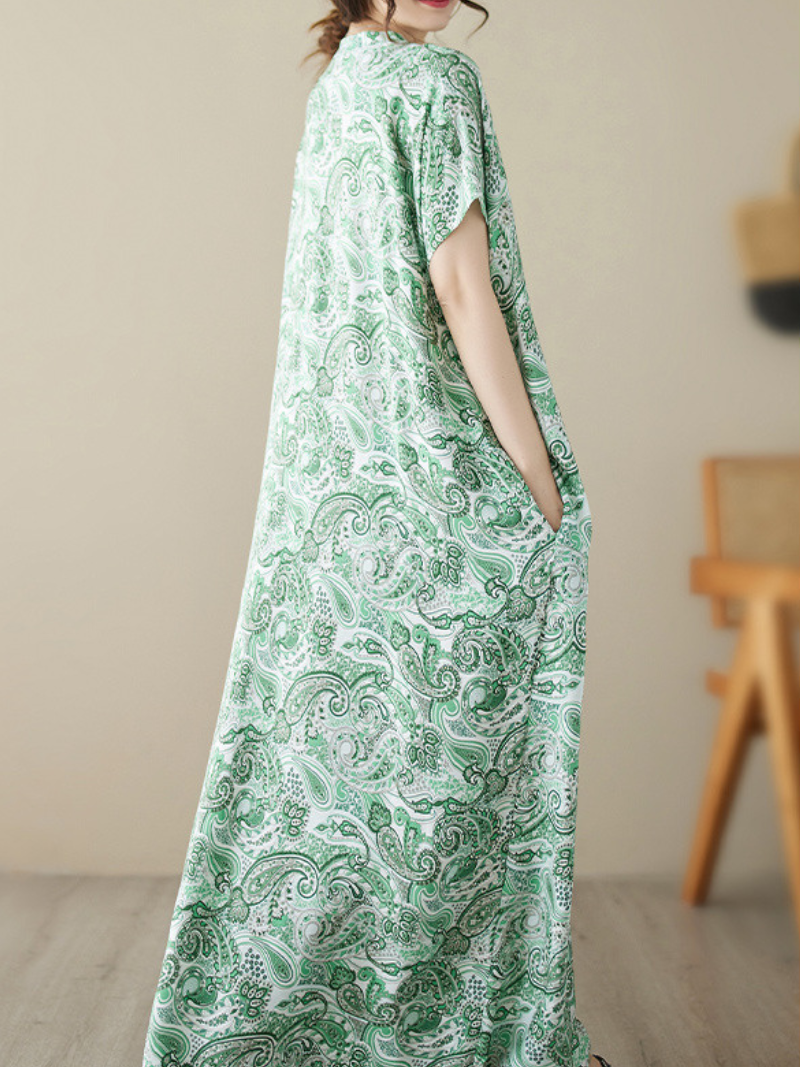 V-Neck Paisley Print Short Sleeve Loose Kaftan Maxi Dress