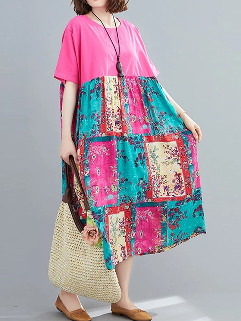 Round Neck Short Sleeve Floral Patchwork Print Smock Midi Dress 9
