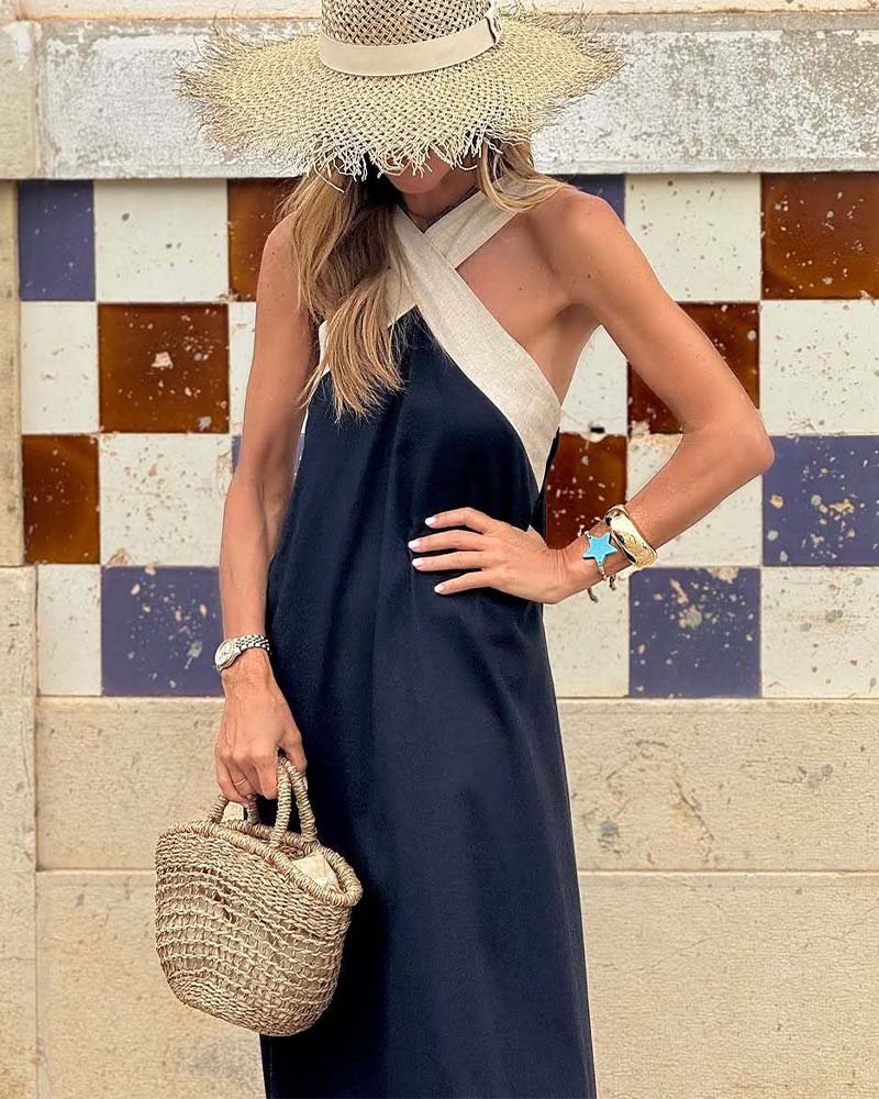 Cross Halter Neck Color Block Sleeveless A-Line Maxi Dress 5