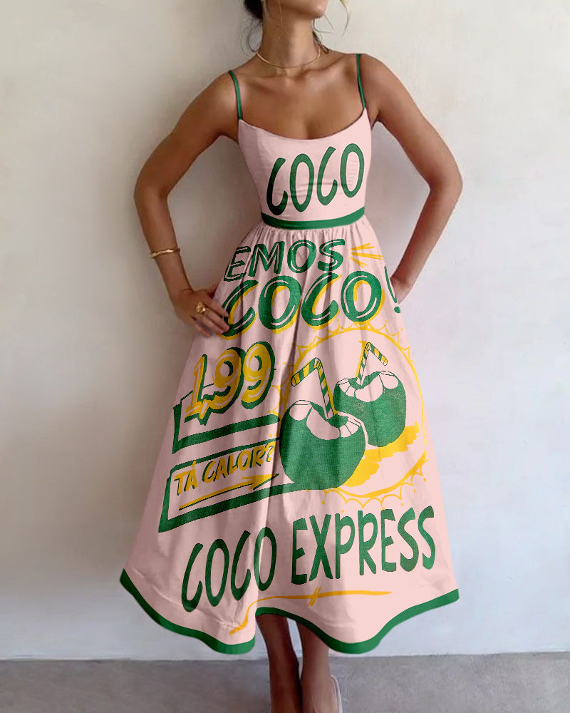 Spaghetti Strap Scoop Neck Coconut Graphic Print Flared Midi Dress