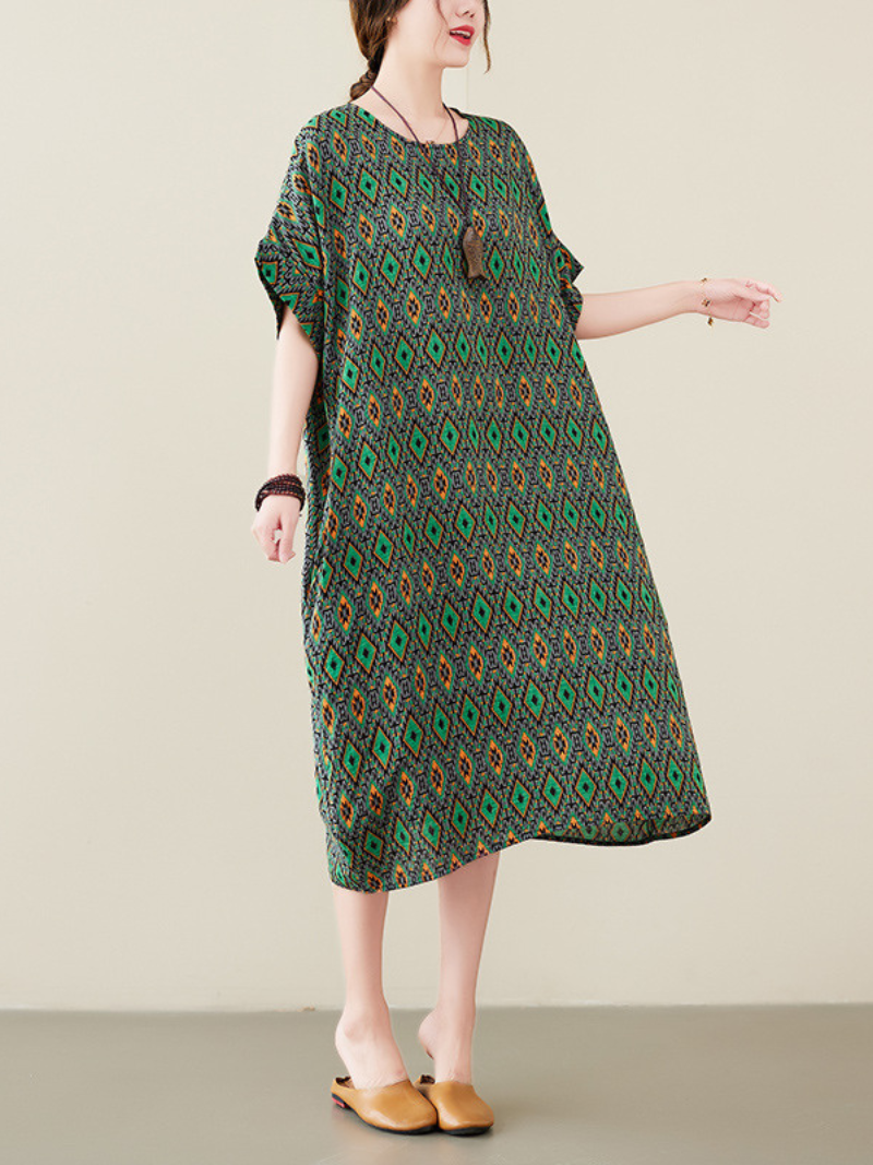 Green Round Neck Short Sleeve Geometric Print Loose Midi Dress