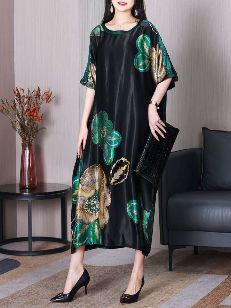 Green Round Neck Satin Floral Print Short Sleeve Loose Maxi Dress 3