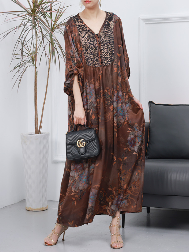 V-Neck Long Sleeve Floral Print Pleated Yoke Kaftan Maxi Dress