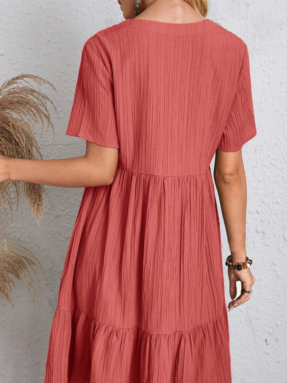 V-Neck Textured Short Sleeve Tiered Ruffle Hem Swing Mini Dress