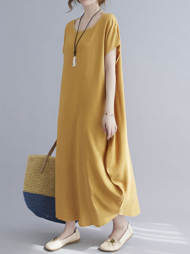 Round Neck Short Sleeve Loose Cocoon Maxi Dress 29