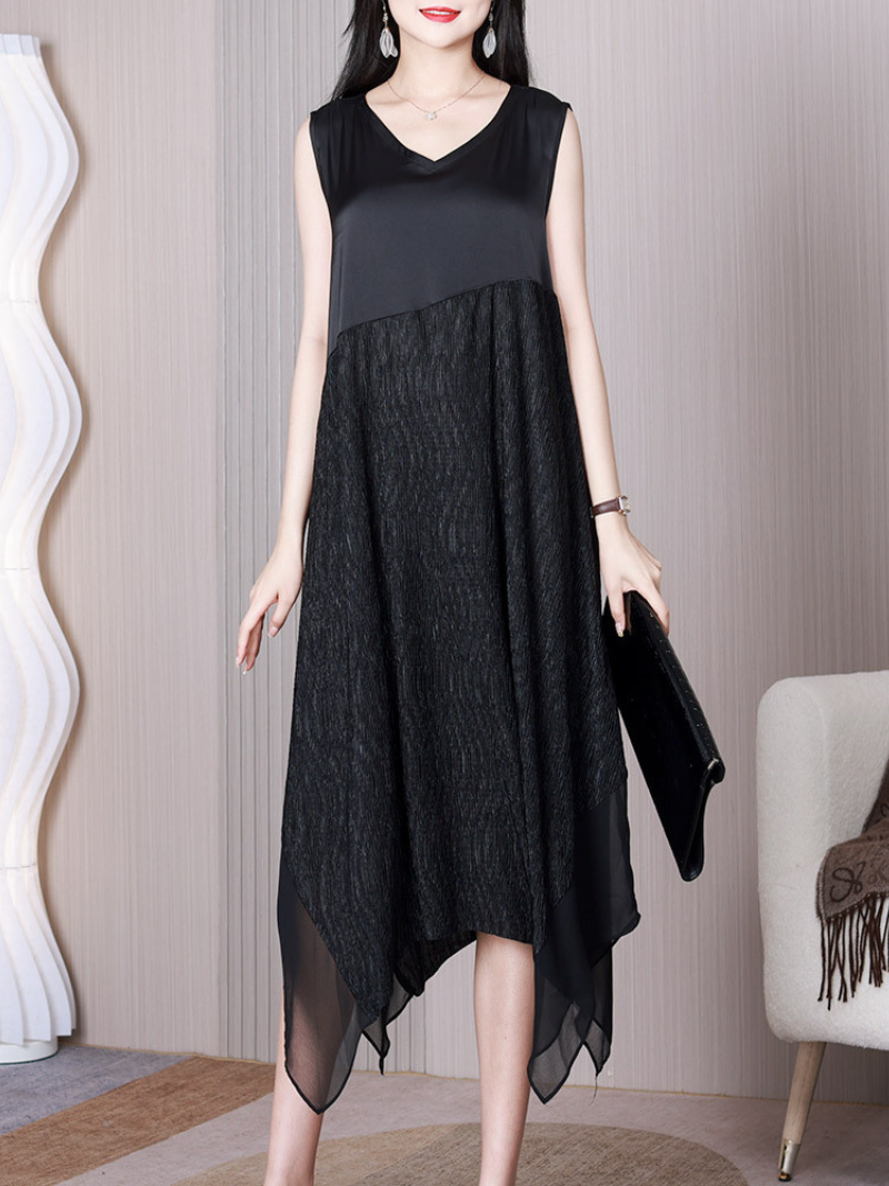 Black V-Neck Sleeveless Satin Yoke Textured Handkerchief Hem Midi Dress