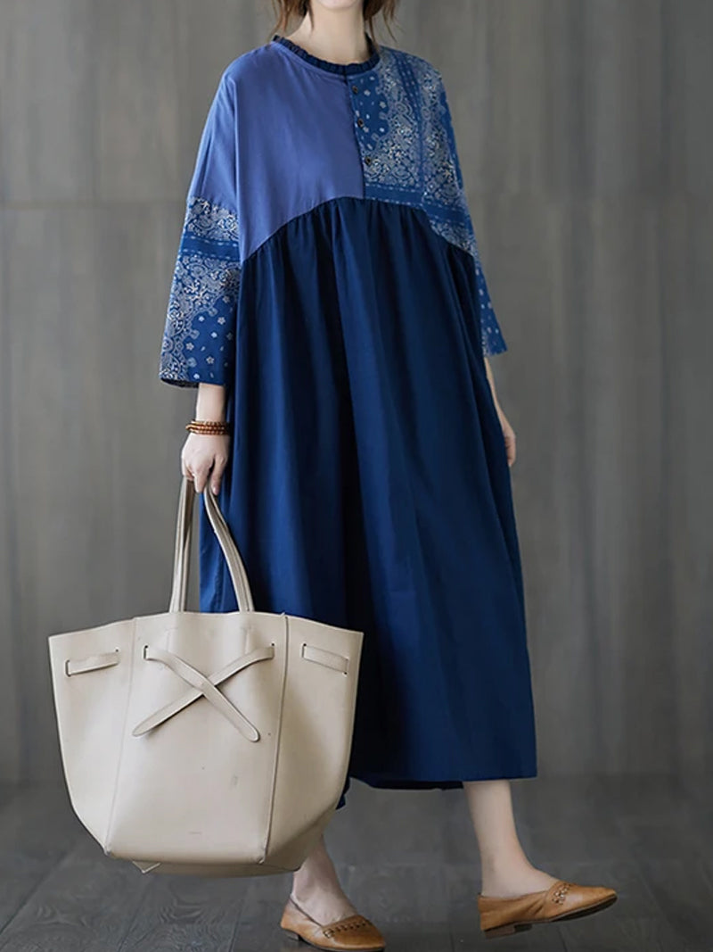 Ruffle Collar Paisley Patchwork Pleated Long Sleeve Smock Maxi Dress