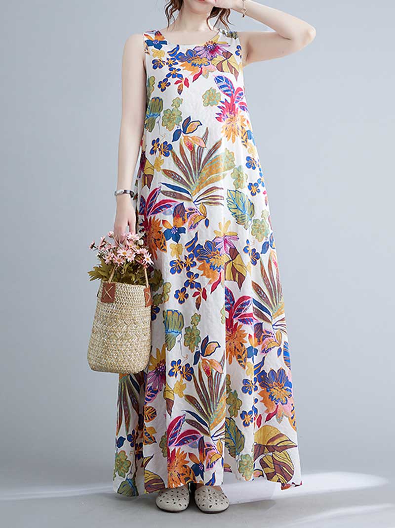 Round Neck Sleeveless Tropical Floral Print Loose A-Line Maxi Dress