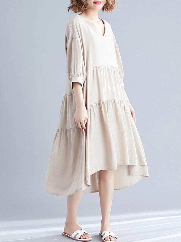 V-Neck Three-Quarter Sleeve Tiered Loose A-Line Midi Dress 12