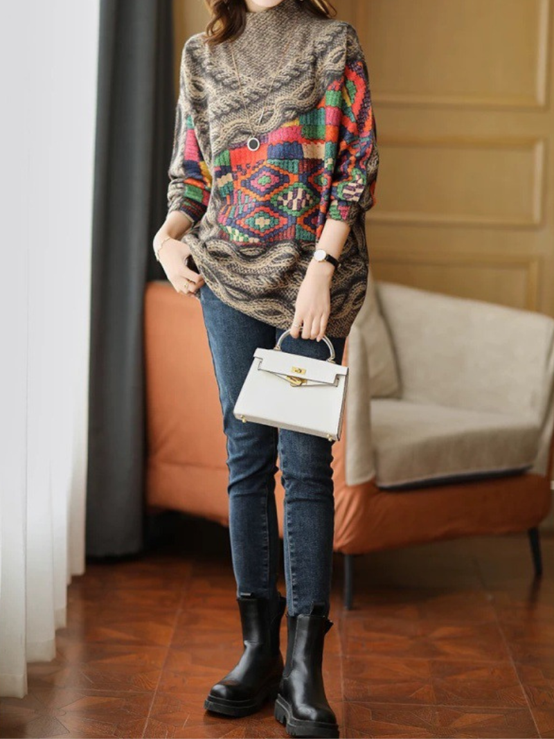 Khaki Mock Neck Geometric Pattern Long Sleeve Loose Knit Sweater