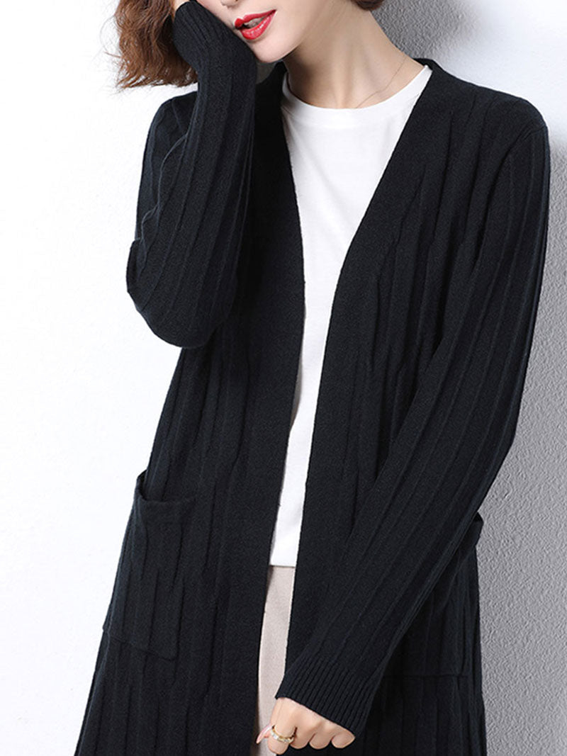 Open Front Ribbed Knit Patch Pocket Long Sleeve Cardigan 15