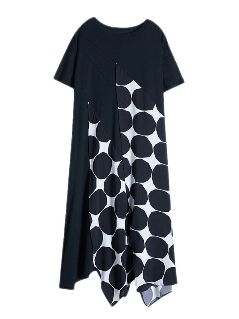 Black Round Neck Polka Dot Patchwork Short Sleeve Loose Maxi Dress 5
