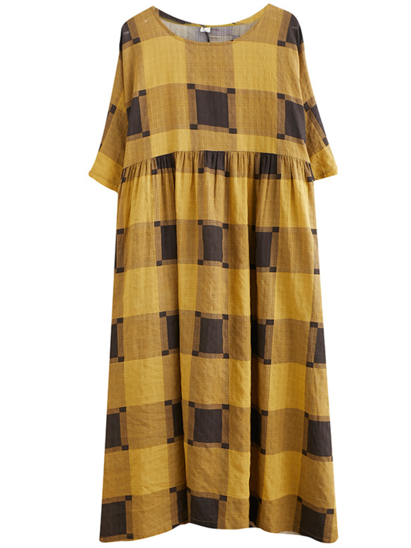 Round Neck Plaid Short Sleeve Smock Loose A-Line Maxi Dress 3
