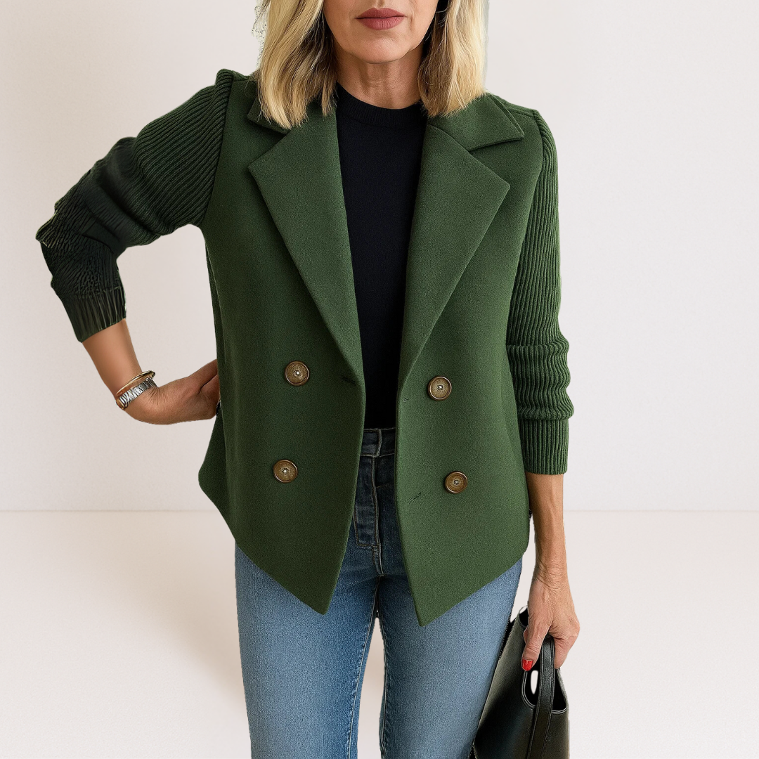 Notch Lapel Ribbed Knit Sleeve Double-Breasted Coat 11