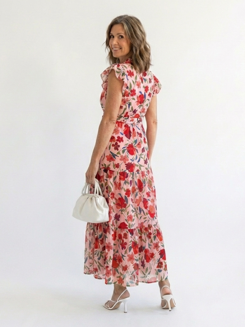 Split Neck Floral Print Ruffle Sleeve Tiered A-Line Maxi Dress