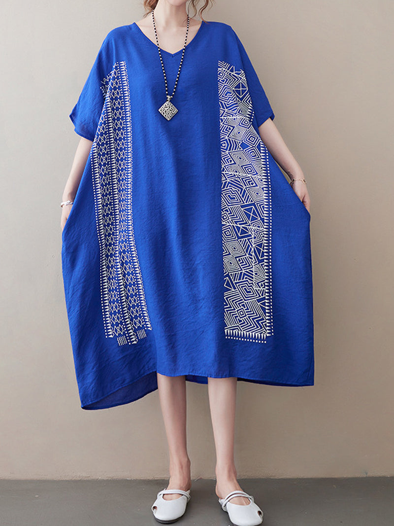 V-Neck Batwing Sleeve Geometric Print Loose Oversized Midi Dress 14
