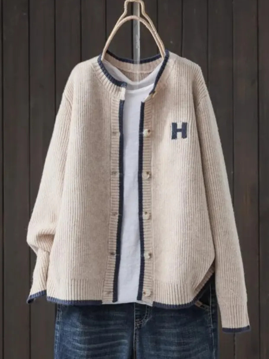 Crewneck Ribbed Knit Button Front Contrast Trim Cardigan