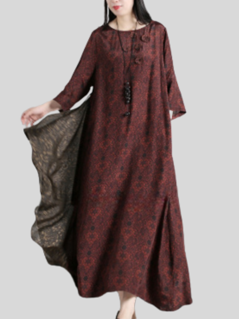 Red Round Neck Frog Button Floral Print Loose Maxi Dress 2