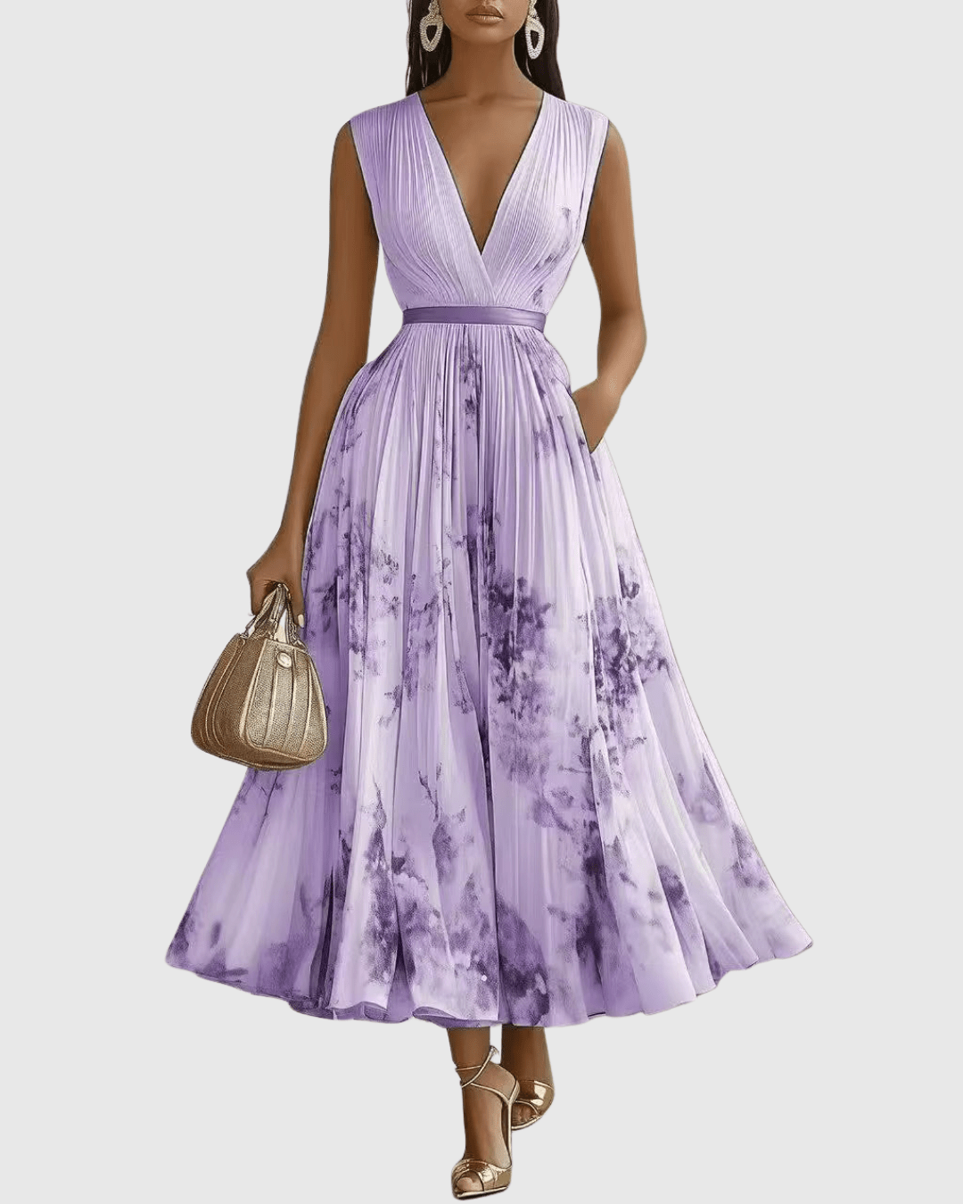 V-Neck Floral Print Sleeveless Pleated A-Line Maxi Dress