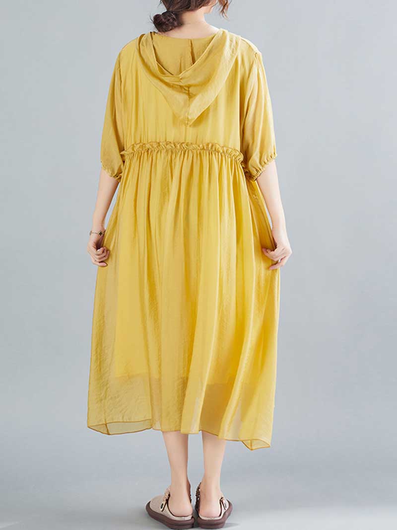 Hooded V-Neck Short Sleeve Pleated Loose A-Line Midi Dress 5