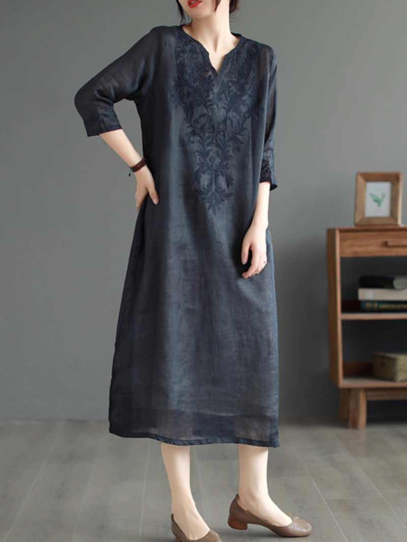 V-Neck Floral Embroidered Long Sleeve Loose Linen Midi Dress 6