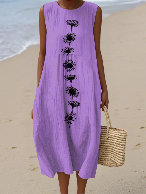 Multicolor Round Neck Floral Silhouette Print Sleeveless Linen Midi Dress