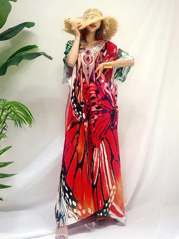 Red V-Neck Embellished Butterfly Print Batwing Sleeve Loose Kaftan Maxi Dress 3