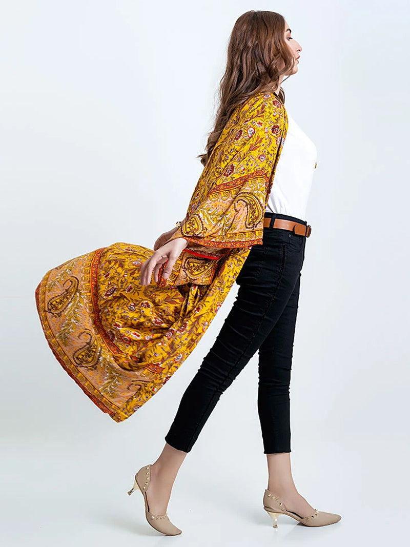 Yellow Floral Paisley Print Belted Long Kimono Robe 3