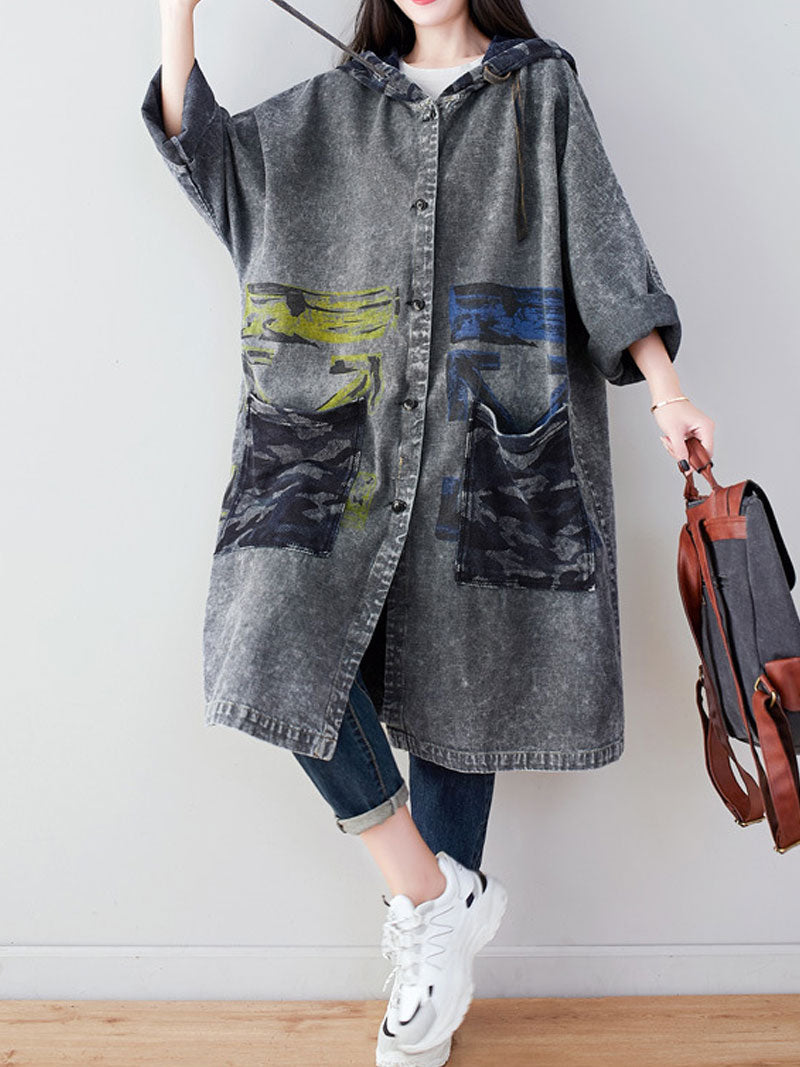 Hooded Graffiti Print Patch Pocket Long Denim Coat 7