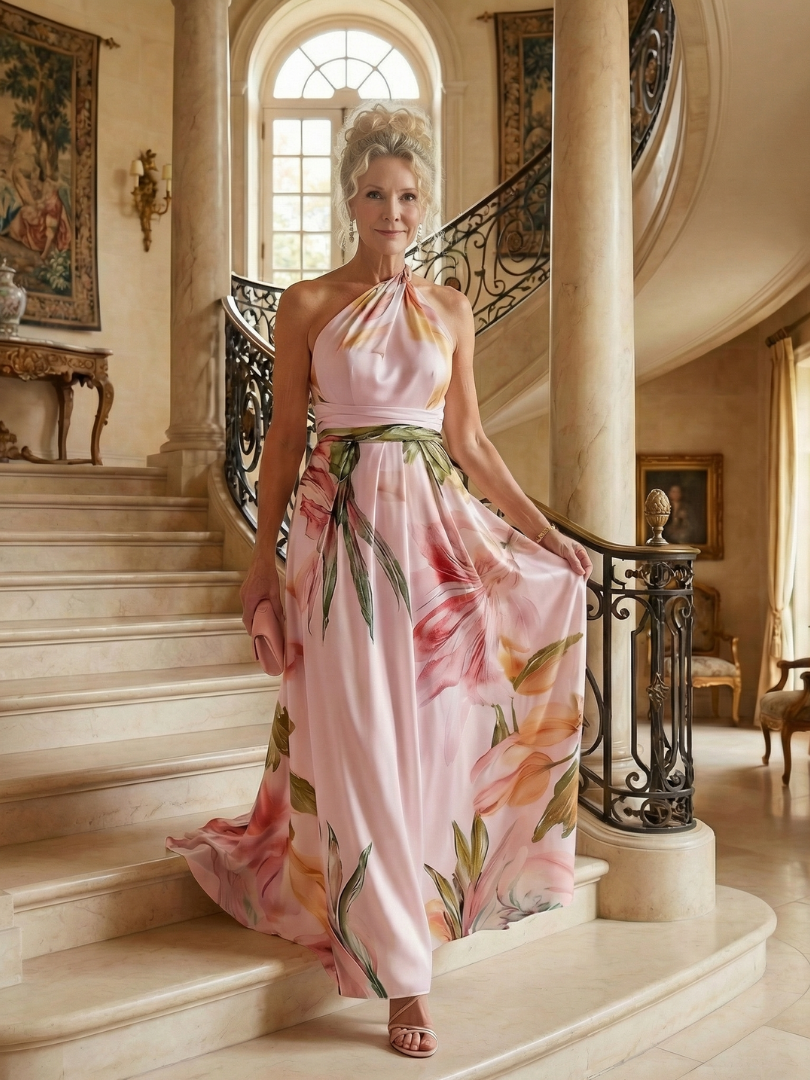 Halter Neck Twist Floral Print Satin A-Line Gown 15