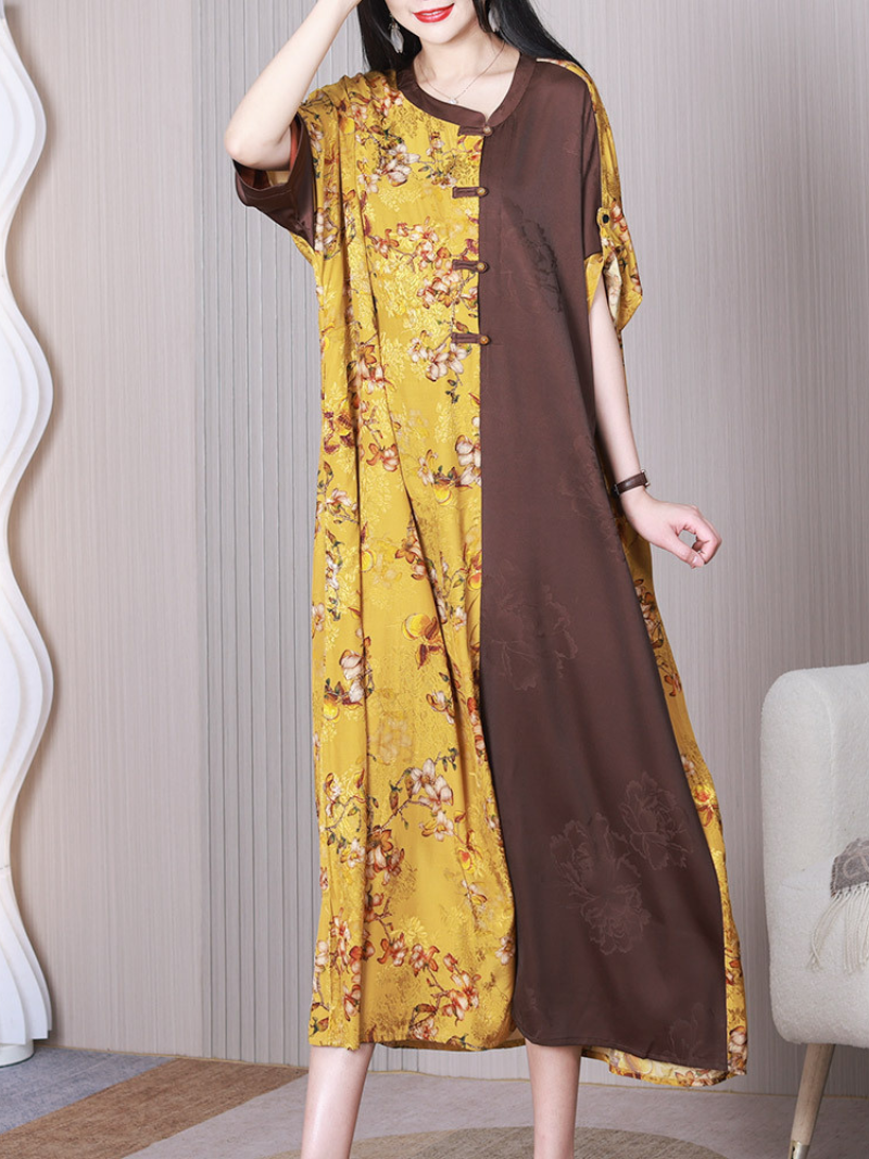 Round Neck Floral Patchwork Short Sleeve Loose Maxi Dress 2
