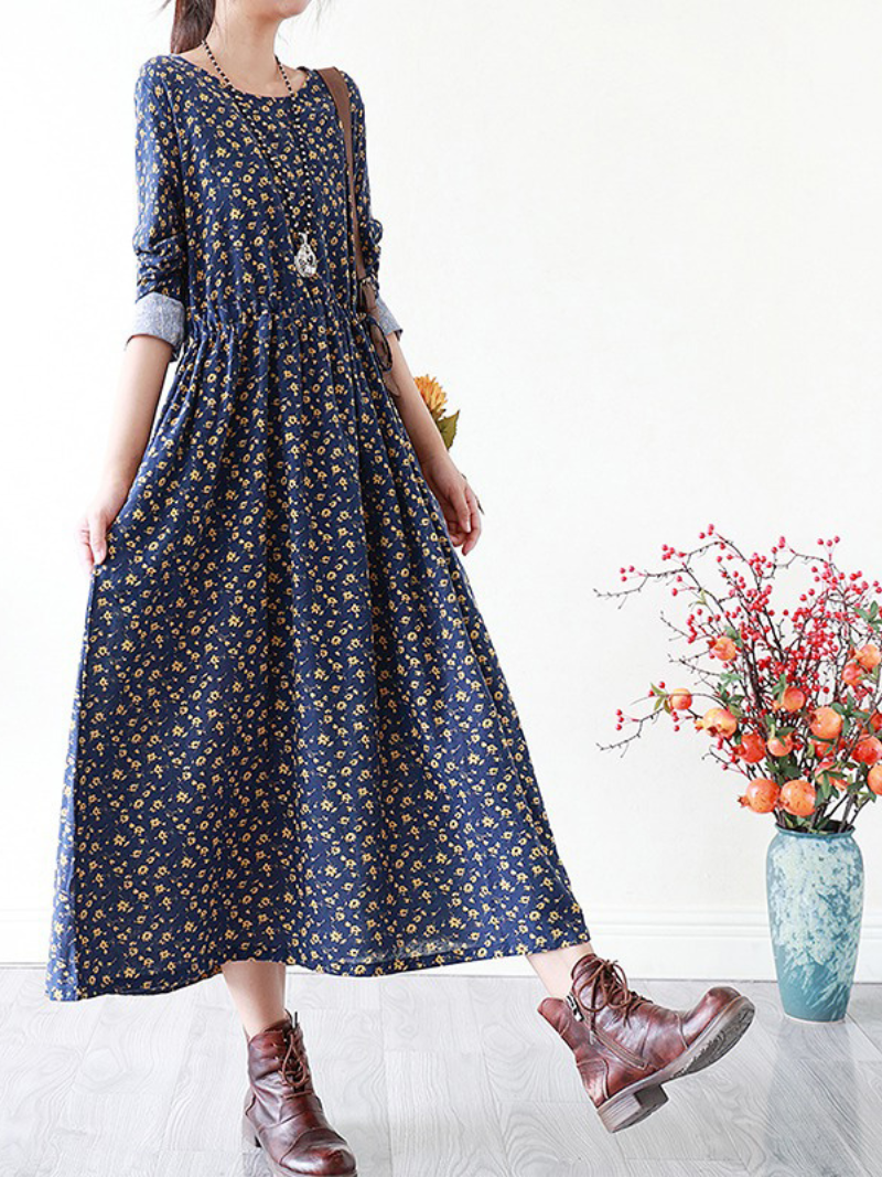 Round Neck Ditsy Floral Lace Cuff Long Sleeve A-Line Maxi Dress 4