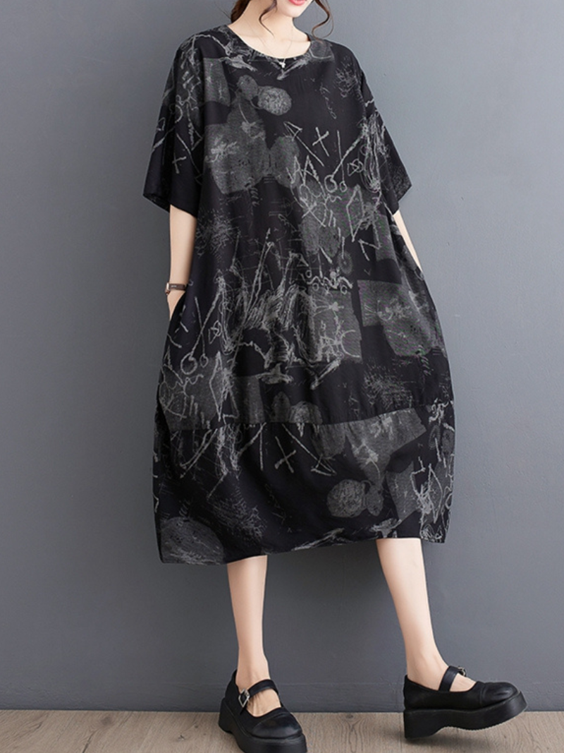 Round Neck Short Sleeve Abstract Ink Print Cocoon Midi Dress 5