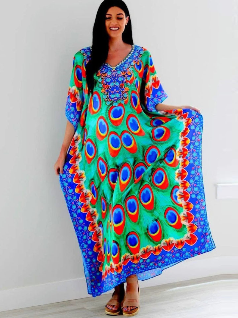 Green V-Neck Peacock Print Embellished Kaftan Maxi Dress