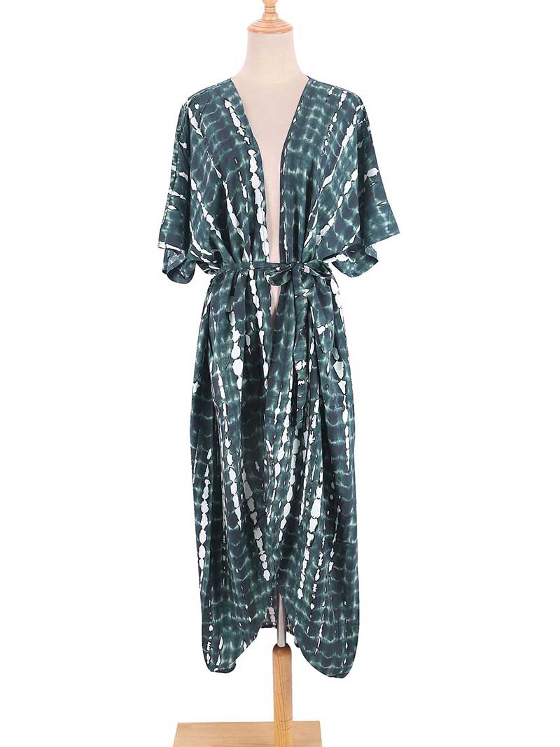 Tie-Dye Print Belted Short Sleeve Long Kimono Duster Robe