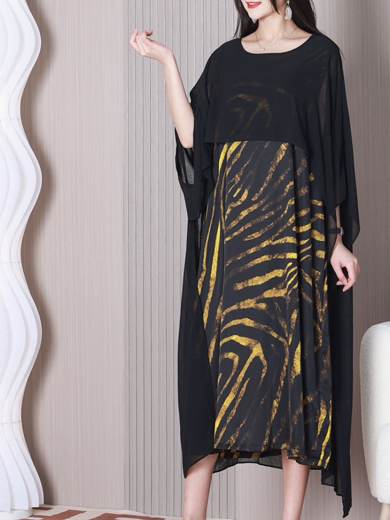 Round Neck Abstract Stripe Print Batwing Sleeve Loose Midi Dress