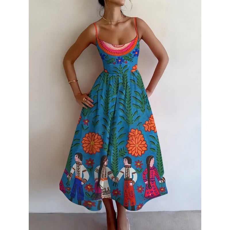 Spaghetti Strap Folk Floral Figure Print Fit-and-Flare Midi Dress