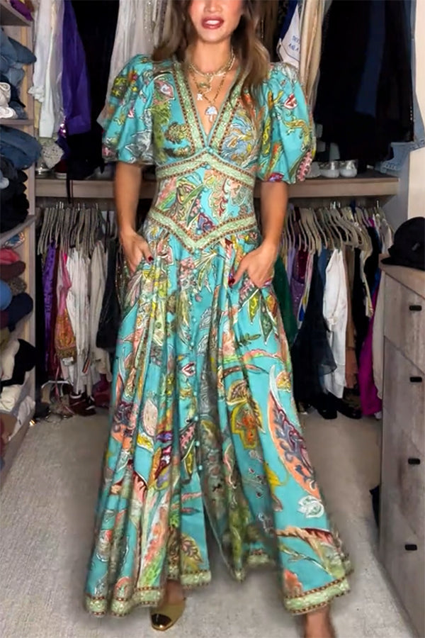V-Neck Paisley Print Puff Sleeve Fitted Waist Flowy Maxi Dress