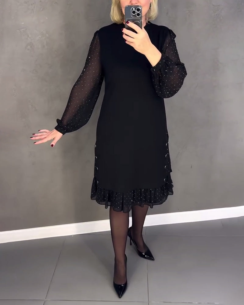 Round Neck Dot Mesh Sleeve Ruffle Hem Shift Midi Dress