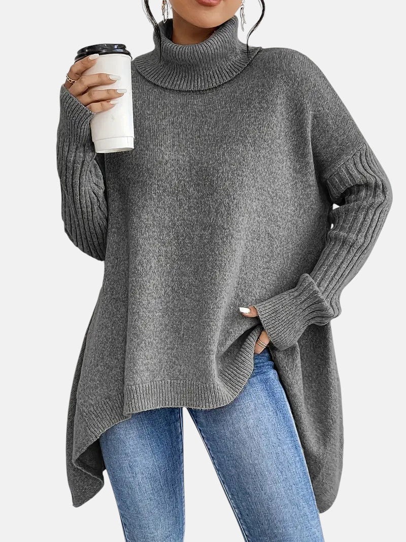 Turtleneck Ribbed Long Sleeve Oversized Longline Knit Sweater