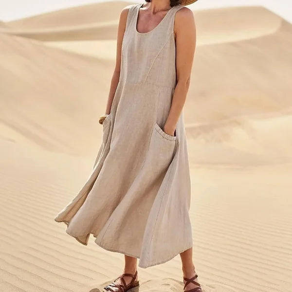 Round Neck Sleeveless Linen Pocket A-Line Midi Dress 9