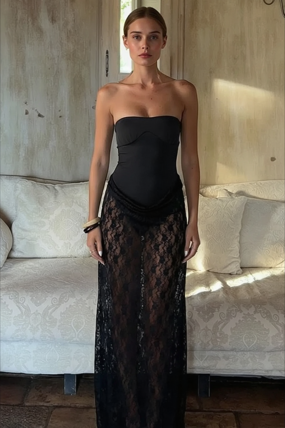 Sexy Lace Strapless Backless Sheer Mesh Solid Party Dress
