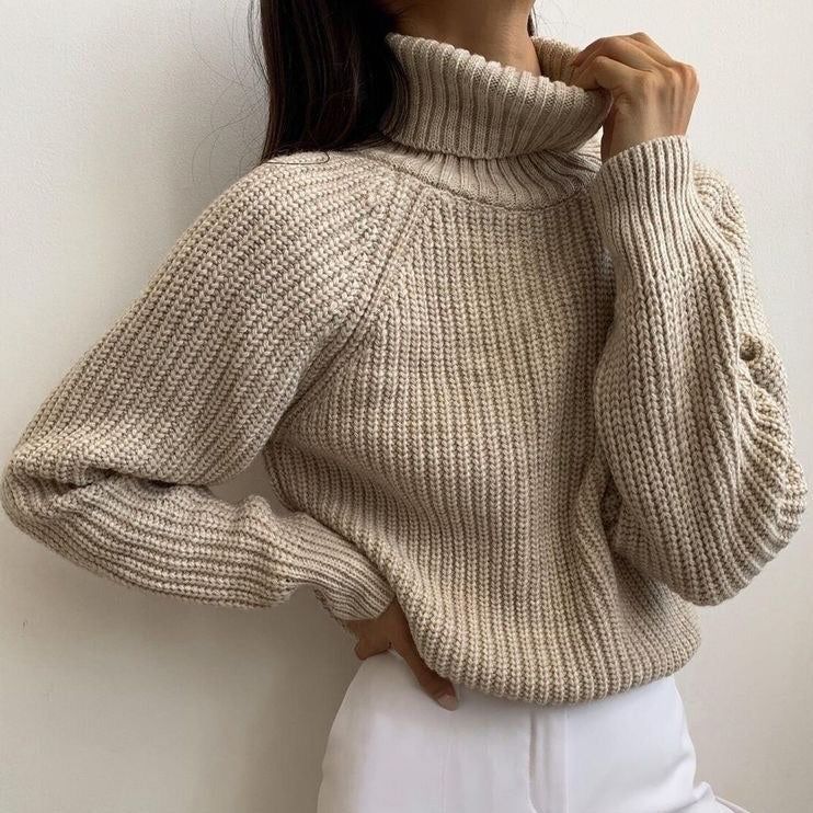 Beige Turtleneck Chunky Rib Knit Long Sleeve Pullover Sweater