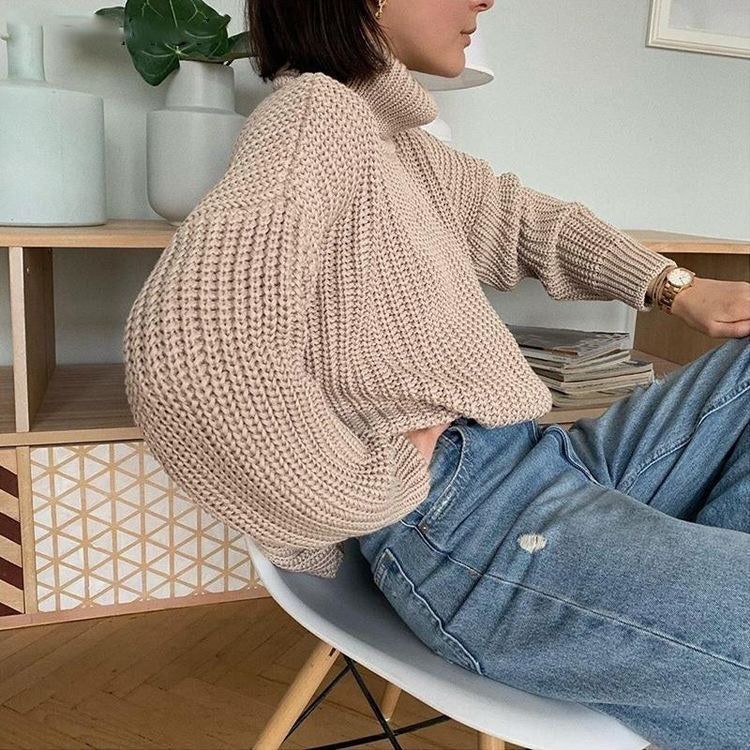Beige Turtleneck Chunky Rib Knit Long Sleeve Pullover Sweater